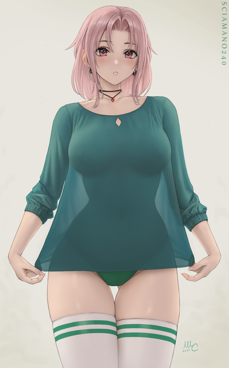 1girl :o artist_name ass_visible_through_thighs bangs blush breasts chloe_(sciamano240) commentary cowboy_shot earrings english_commentary eyebrows_visible_through_hair freckles green_panties green_shirt heart heart_necklace highres jewelry large_breasts long_hair long_sleeves looking_at_viewer original panties parted_bangs parted_lips pink_hair red_eyes sciamano240 see-through see-through_silhouette shirt signature simple_background solo thigh-highs thigh_gap underwear white_legwear wide_hips yellow_background