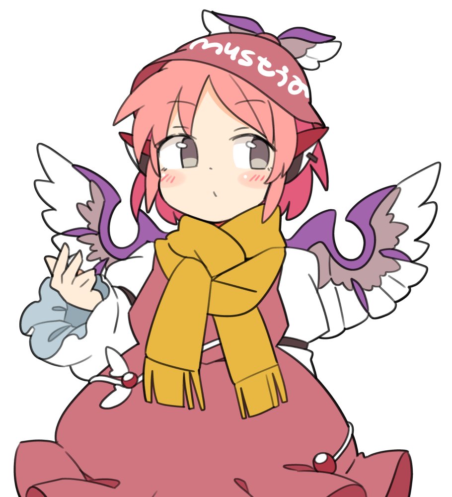 1girl animal_ears arm_behind_back bangs blush brown_dress brown_headwear character_name clothes_writing dress eyebrows_visible_through_hair feathered_wings grey_eyes hat ini_(inunabe00) long_sleeves mystia_lorelei pink_hair scarf short_hair simple_background solo touhou upper_body white_background winged_hat wings yellow_scarf