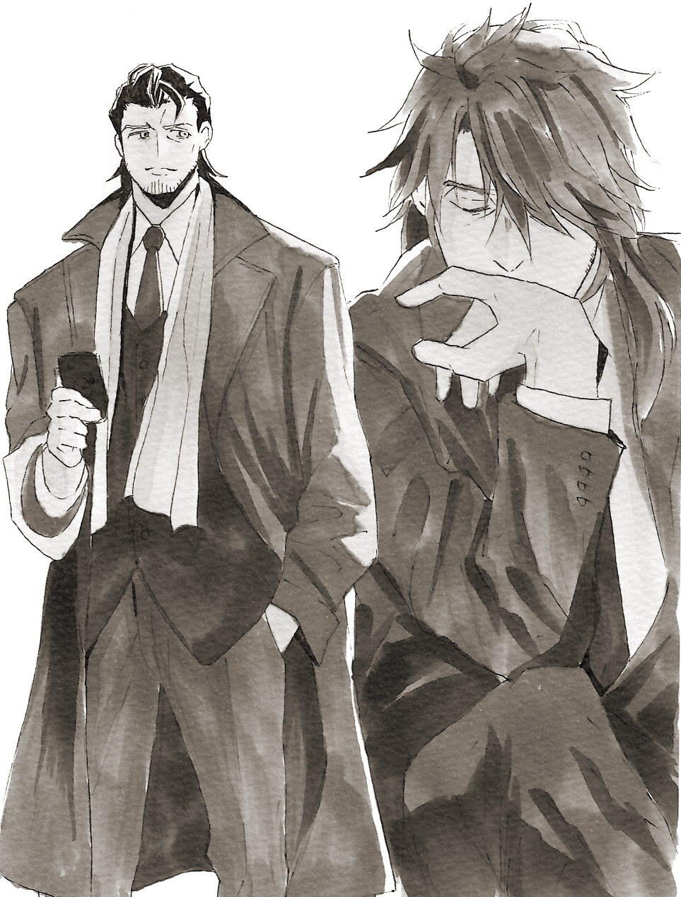 1boy bangs belmond_banderas choco_(chocovix112) closed_eyes closed_mouth coat collared_shirt greyscale hair_over_one_eye hand_in_pocket highres holding long_sleeves male_focus monochrome multiple_views necktie nijisanji open_clothes open_coat pants shirt simple_background standing thick_eyebrows vest virtual_youtuber white_background