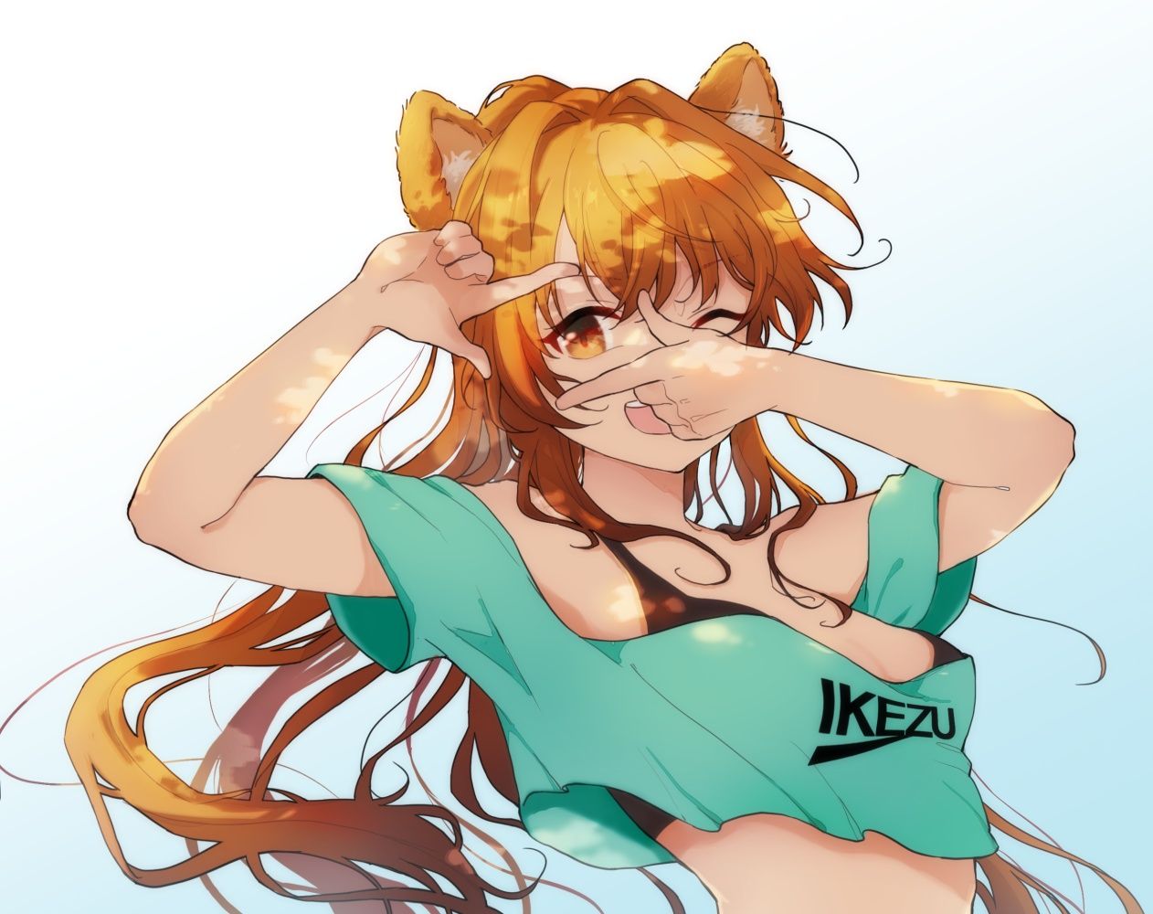 1girl ;d animal_ears aqua_shirt arms_up artist_request bare_shoulders bikini bikini_under_clothes black_bikini breasts brown_eyes commission crop_top crop_top_overhang finger_frame hair_intakes looking_at_viewer midriff off-shoulder_shirt off_shoulder one_eye_closed orange_hair original ponytail second-party_source shirt short_sleeves small_breasts smile solo squirrel_ears string_bikini swimsuit upper_body white_background