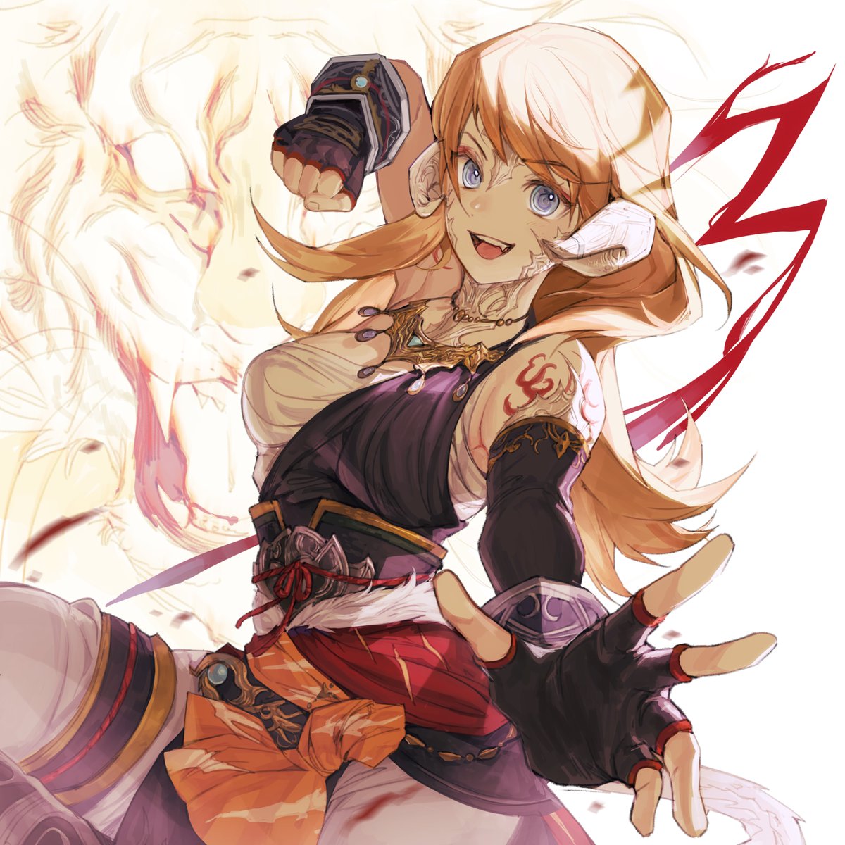 1girl au_ra avatar_(ffxiv) bangs blue_eyes breasts clenched_hand dragon_horns eyebrows_visible_through_hair final_fantasy final_fantasy_xiv fingerless_gloves gloves highres horns jewelry long_hair looking_at_viewer medium_breasts monk_(final_fantasy) necklace open_mouth orange_hair sarashi scales solo velahka