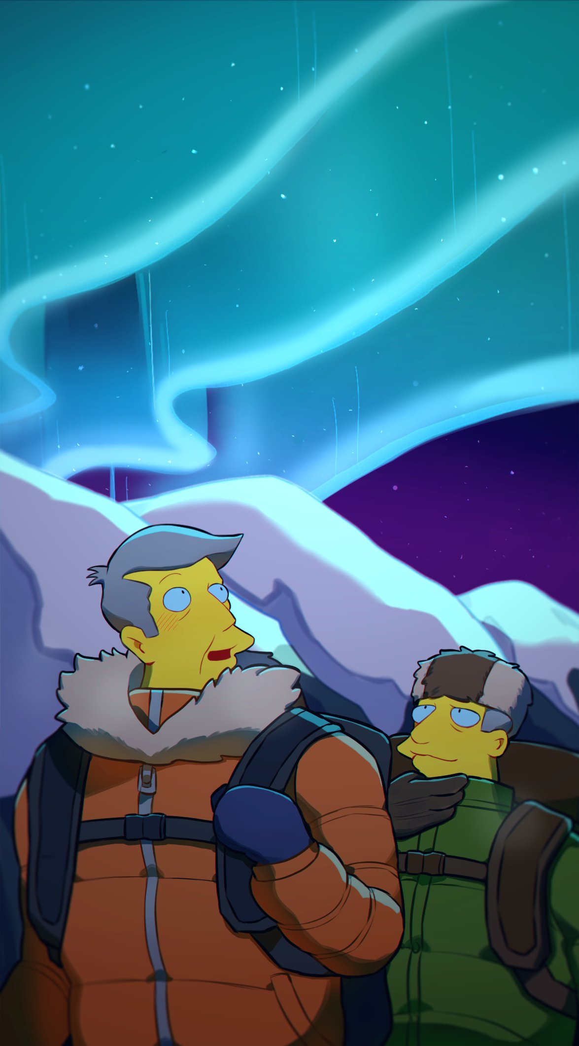 2boys aurora binuba black_bag black_gloves blue_gloves blush brown_headwear closed_mouth colored_skin gary_chalmers gloves grey_hair hat highres jacket looking_up male_focus mountain multiple_boys night night_sky open_mouth orange_jacket seymour_skinner sky smile snow the_simpsons yellow_skin