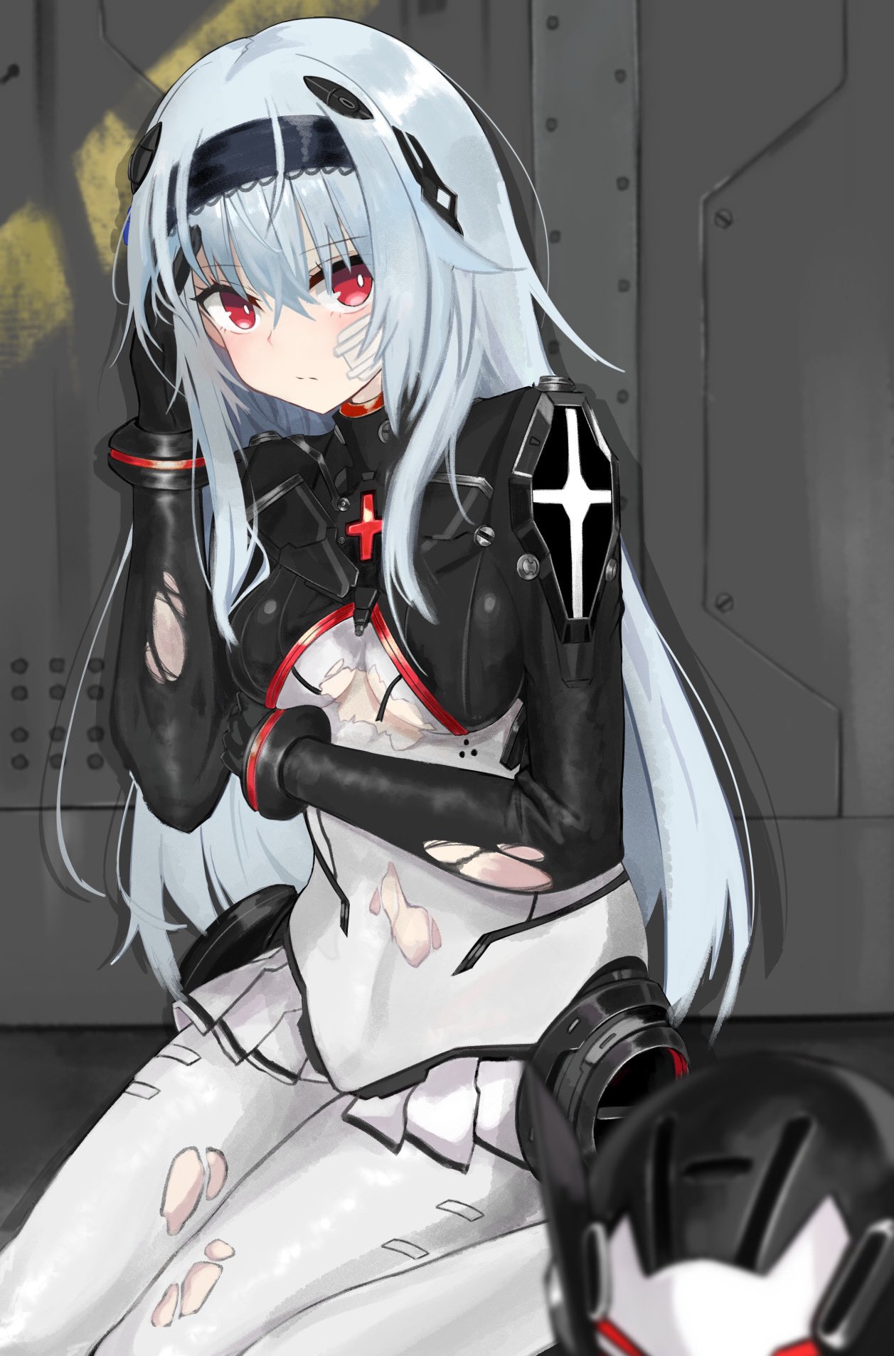 1girl bandaid bandaid_on_face bangs blush breasts cosplay cowboy_shot eyebrows_visible_through_hair girls_frontline hairband hand_on_own_head helmet highres hk416_(girls'_frontline) hk416_(girls'_frontline)_(cosplay) hk416_(midnight_evangelion)_(girls'_frontline) hk416_(midnight_evangelion)_(girls'_frontline)_(cosplay) kneeling koenza_botoke long_hair medium_breasts official_alternate_costume open_mouth plugsuit red_eyes sidelocks solo thunder_(girls'_frontline) torn_clothes under_boob very_long_hair