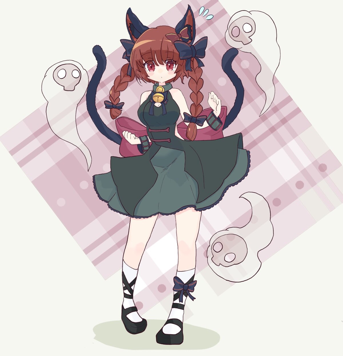1girl animal_ears bare_shoulders bell bow cat_ears cat_tail choker clenched_hands dress ghost green_dress highres hitodama huge_bow kaenbyou_rin leg_ribbon mary_janes multiple_tails neck_bell plaid red_eyes redhead ribbon shoes skull standing subterranean_animism tail tatutaniyuuto touhou white_legwear
