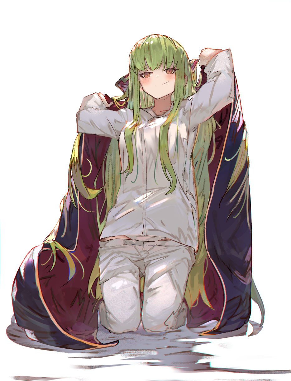 1girl arm_up bangs black_cape blush breasts brown_eyes c.c. cape closed_mouth code_geass collared_shirt commentary_request dress_shirt eyebrows_visible_through_hair full_body green_hair hand_up highres kneeling long_hair long_sleeves medium_breasts pants red_cape shirt smile solo tota_(sizukurubiks) very_long_hair white_background white_pants white_shirt