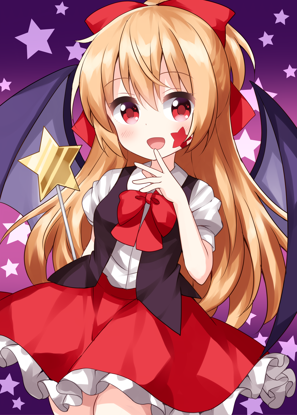 1girl :d bangs bat_wings black_skirt black_wings blonde_hair bow bowtie elis_(touhou) eyebrows_visible_through_hair facial_mark frilled_skirt frills gradient gradient_background hair_bow highres holding holding_wand long_hair looking_at_viewer open_mouth purple_background red_bow red_bowtie red_eyes red_skirt red_star ruu_(tksymkw) shirt short_sleeves skirt smile solo star_tattoo star_wand starry_background tattoo touhou touhou_(pc-98) wand white_shirt wings