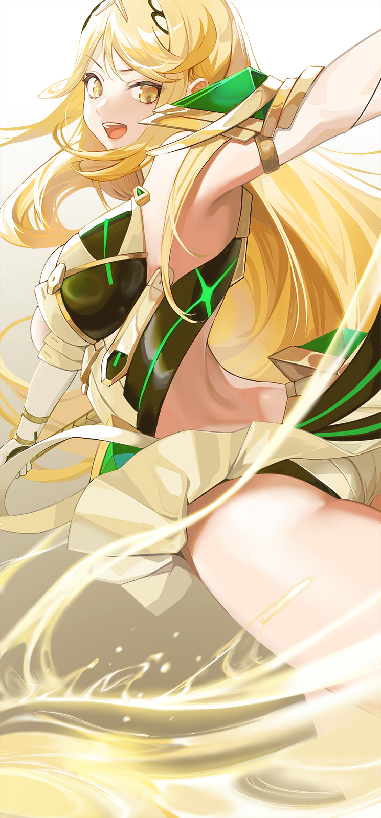 1girl bangs blonde_hair breasts commentary dress earrings elbow_gloves gloves highres jewelry large_breasts long_hair looking_at_viewer looking_back mythra_(xenoblade) open_mouth panties pantyshot revision short_dress simple_background swept_bangs tiara underwear very_long_hair wangxiii white_background white_dress white_gloves xenoblade_chronicles_(series) xenoblade_chronicles_2 yellow_eyes