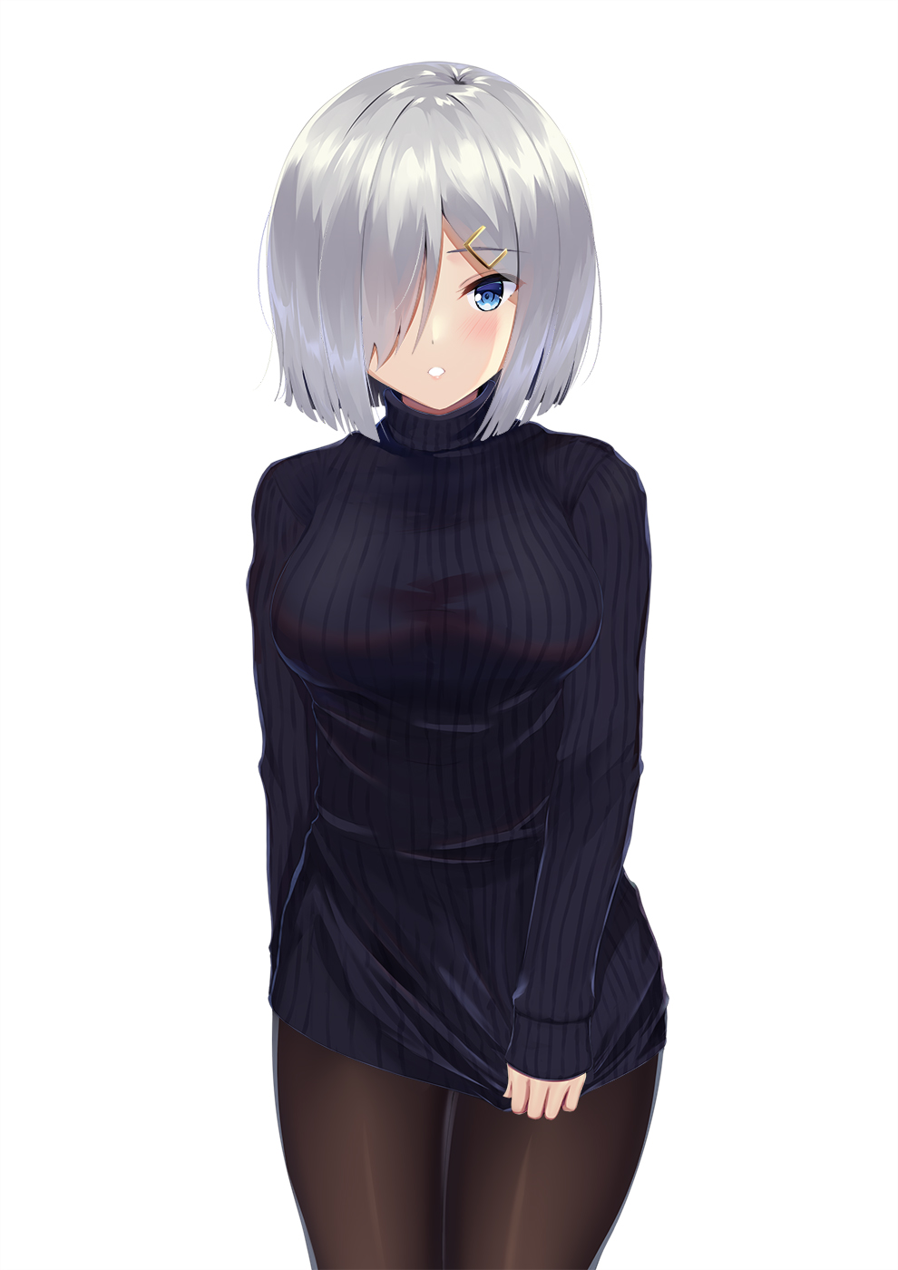 1girl black_legwear black_sweater blue_eyes blush breasts cowboy_shot eyebrows_visible_through_hair hair_ornament hair_over_one_eye hairclip hamakaze_(kancolle) highres kantai_collection large_breasts long_sleeves ochikata_kage open_mouth pantyhose ribbed_sweater short_hair silver_hair simple_background solo sweater white_background