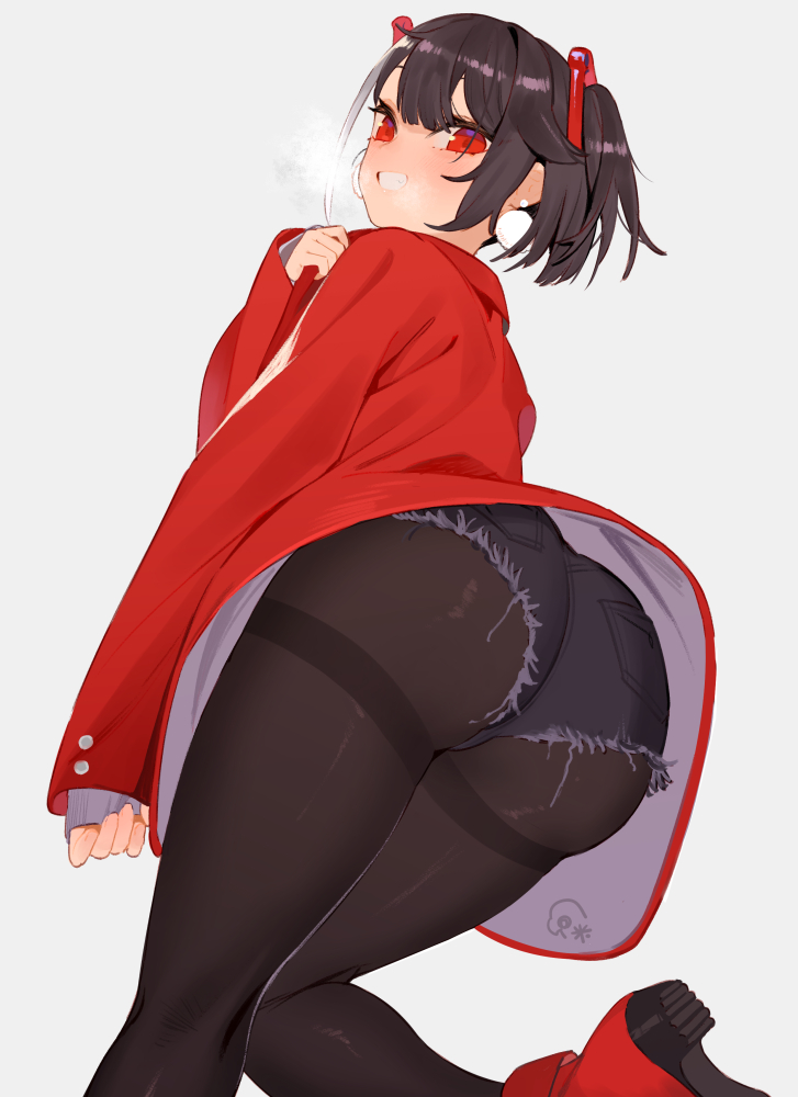 1girl ass beijuu beni-chan_(beijuu) black_hair black_legwear blush denim denim_shorts earrings grin jacket jewelry looking_at_viewer original pantyhose red_eyes red_footwear short_hair short_shorts shorts simple_background sleeves_past_wrists smile solo thighband_pantyhose white_background