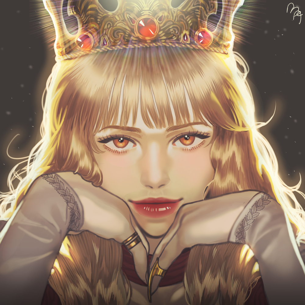 1girl backlighting claw_ring crown face gem glint hakkaku_hailey hands_up head_rest jewelry light_brown_hair lips looking_at_viewer orange_eyes original realistic ring smile solo symbol-only_commentary