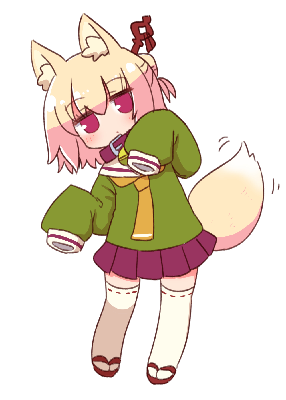 1girl animal_ear_fluff animal_ears bangs bell blonde_hair blush brown_collar closed_mouth collar commentary eyebrows_visible_through_hair fox_ears fox_girl fox_tail full_body green_skirt hair_between_eyes hair_bun hair_ornament highres jingle_bell kemomimi-chan_(naga_u) leaning_to_the_side long_sleeves looking_at_viewer naga_u neck_bell original pleated_skirt purple_skirt red_eyes ribbon-trimmed_legwear ribbon_trim sailor_collar simple_background skirt sleeves_past_fingers sleeves_past_wrists solo standing tail thigh-highs white_background white_legwear white_sailor_collar