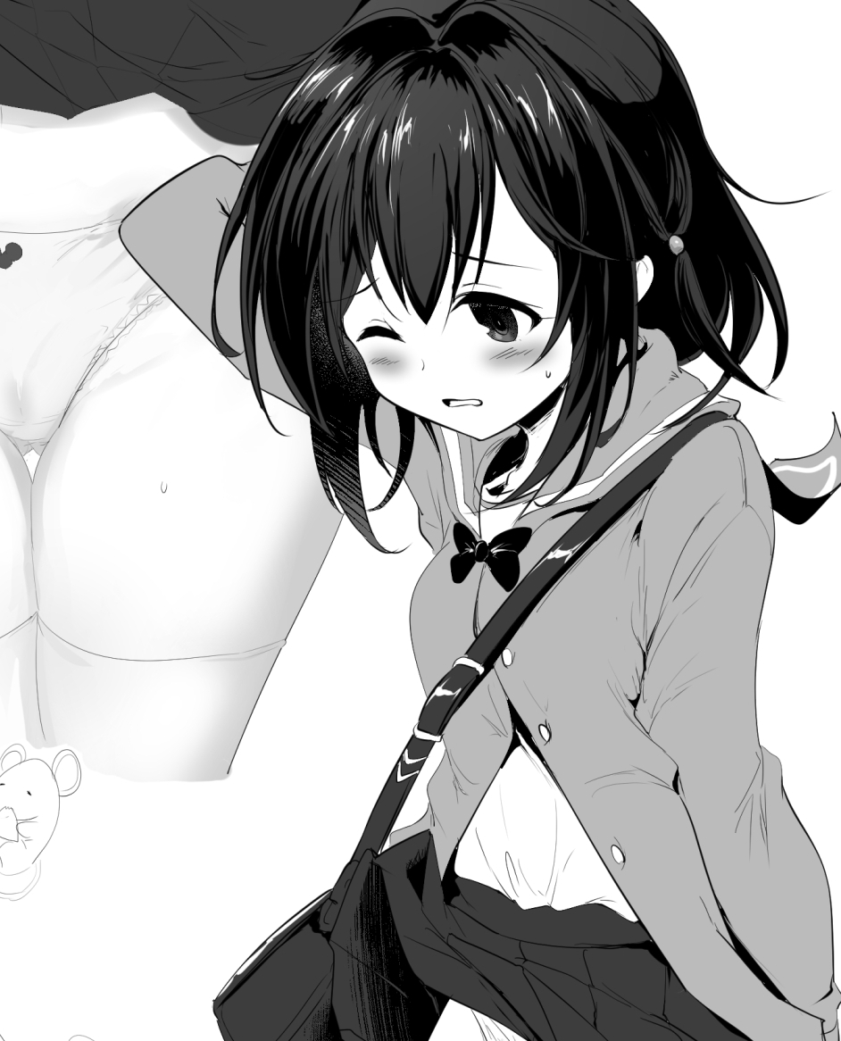 1girl accidental_exposure ass_visible_through_thighs bag bangs blush bow bow_panties bowtie clothes_lift commentary_request cropped_legs eyebrows_visible_through_hair granblue_fantasy greyscale hair_between_eyes jacket momio monochrome multiple_views panties parted_lips pleated_skirt sailor_collar shirt shoulder_bag simple_background skirt skirt_lift sweat thigh-highs thigh_gap underwear vikala_(granblue_fantasy) wavy_mouth white_background