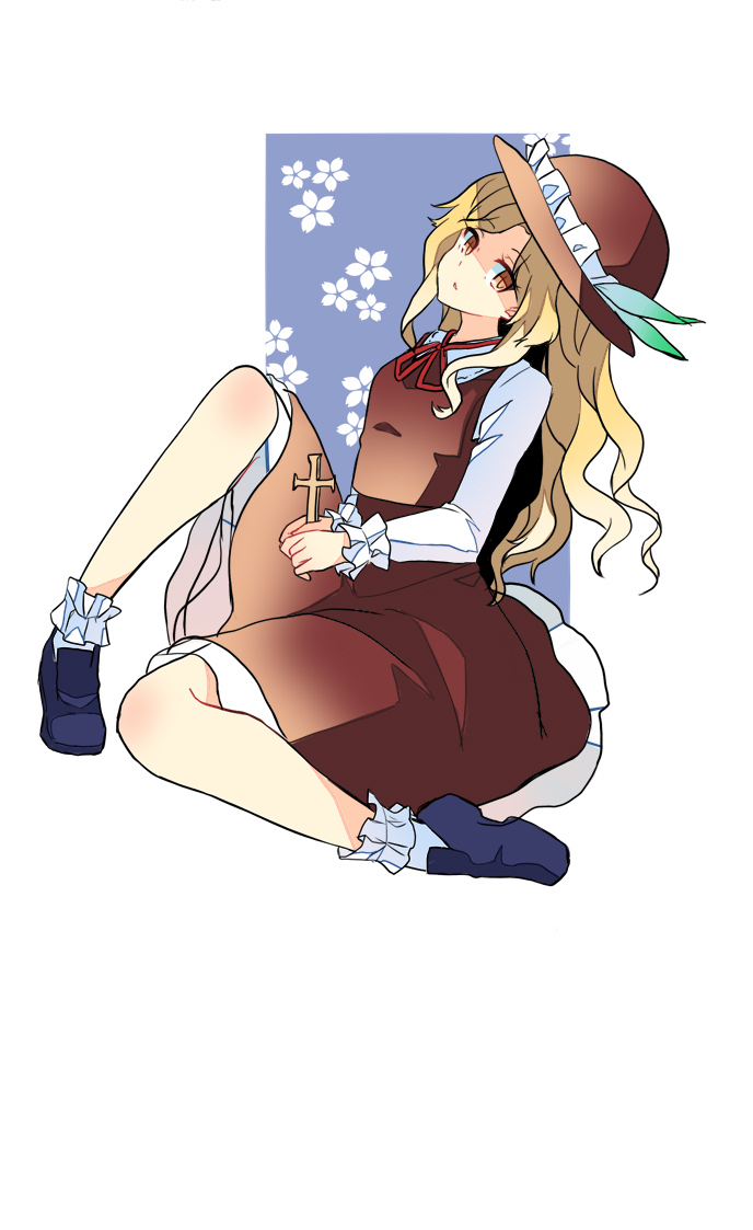 1girl black_footwear blonde_hair bobby_socks brown_eyes brown_headwear brown_skirt brown_vest collared_shirt commentary_request cross extra frilled_hat frilled_skirt frills hat hat_feather haya_taro_pochi holding holding_cross jacket_girl_(dipp) long_hair long_sleeves parted_lips red_neckwear red_ribbon ribbon shirt simple_background sitting skirt socks touhou vest wavy_hair white_background white_shirt