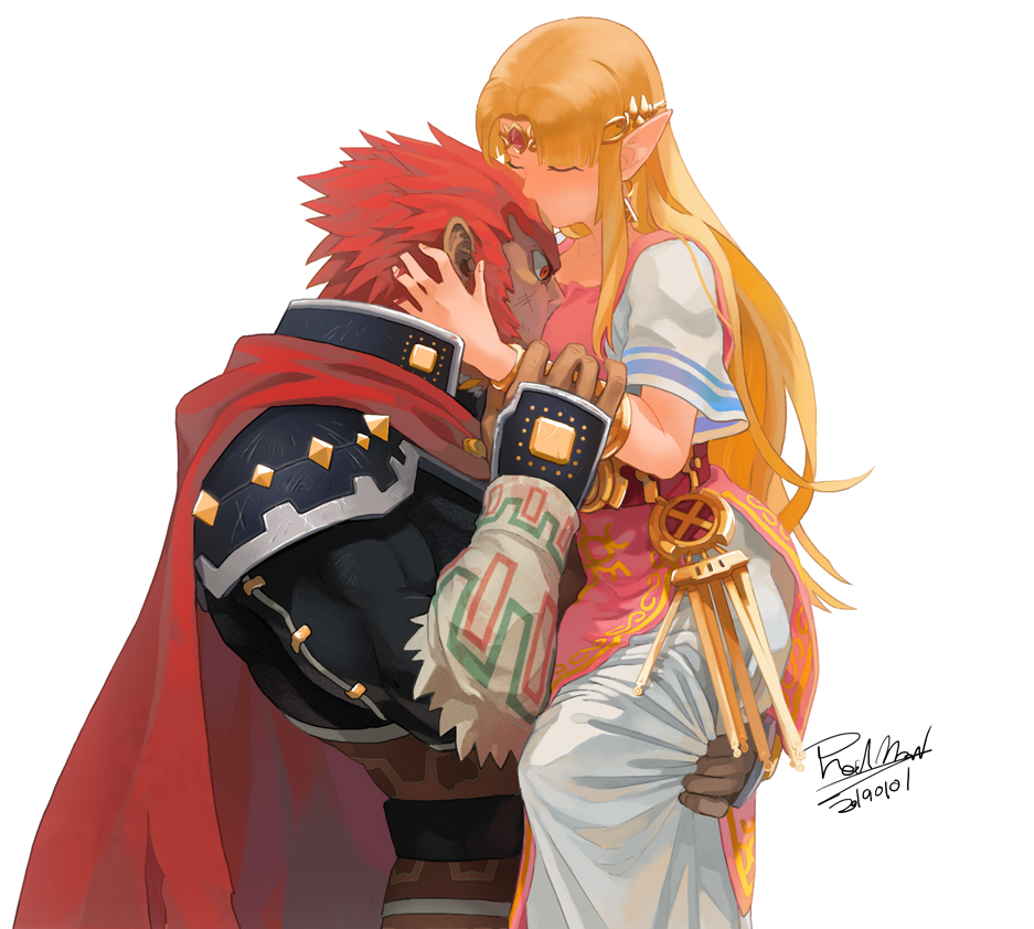 1boy 1girl blonde_hair cape carrying circlet closed_eyes dark-skinned_male dark_skin dated dress facing_another fingerless_gloves forehead_kiss ganondorf gloves hetero kiss long_hair long_sleeves muscular muscular_male oimobugs pointy_ears princess_zelda red_cape red_eyes redhead sideburns simple_background spiky_hair the_legend_of_zelda very_long_hair white_background
