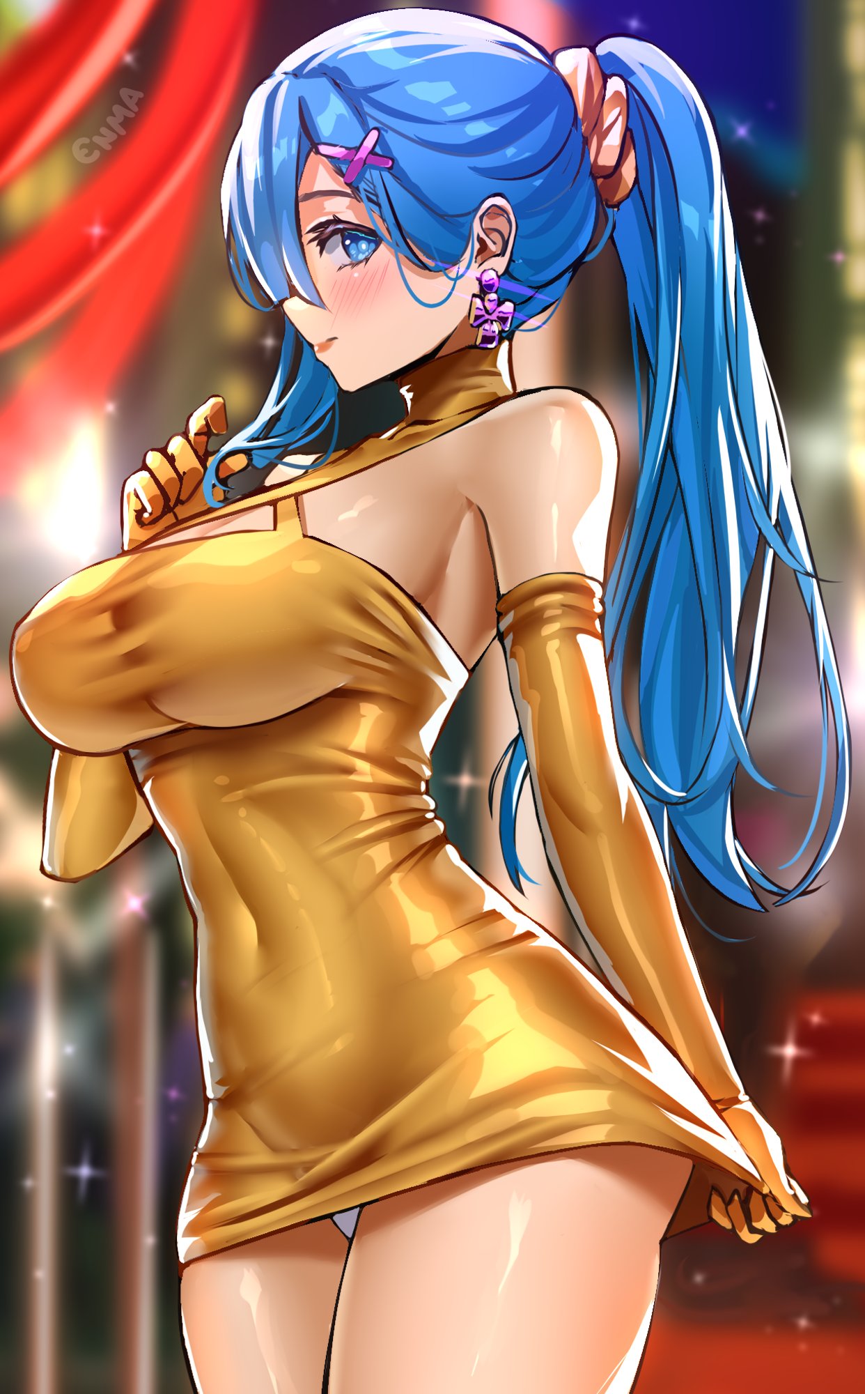 1girl alternate_hairstyle artist_name ass bare_shoulders blue_eyes blue_hair blurry blurry_background breasts closed_mouth clothes_pull covered_navel cowboy_shot earrings elbow_gloves enmanuelart20 gloves hair_ornament halter_dress halterneck hand_up highres jewelry large_breasts looking_at_viewer panties pantyshot ponytail re:zero_kara_hajimeru_isekai_seikatsu rem_(re:zero) scrunchie sideboob skirt skirt_pull smile solo sparkle_background taut_clothes thighs tied_hair underwear white_panties x_hair_ornament yellow_gloves yellow_skirt