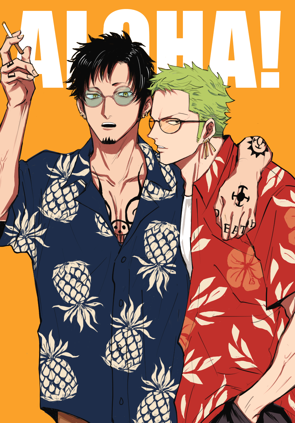 2boys black_hair cigarette earrings green_hair hand_in_pocket hand_on_another's_shoulder hawaiian_shirt highres holding holding_cigarette jewelry male_focus multiple_boys one_piece open_mouth roronoa_zoro shido shirt short_hair sunglasses tattoo trafalgar_law yellow_eyes