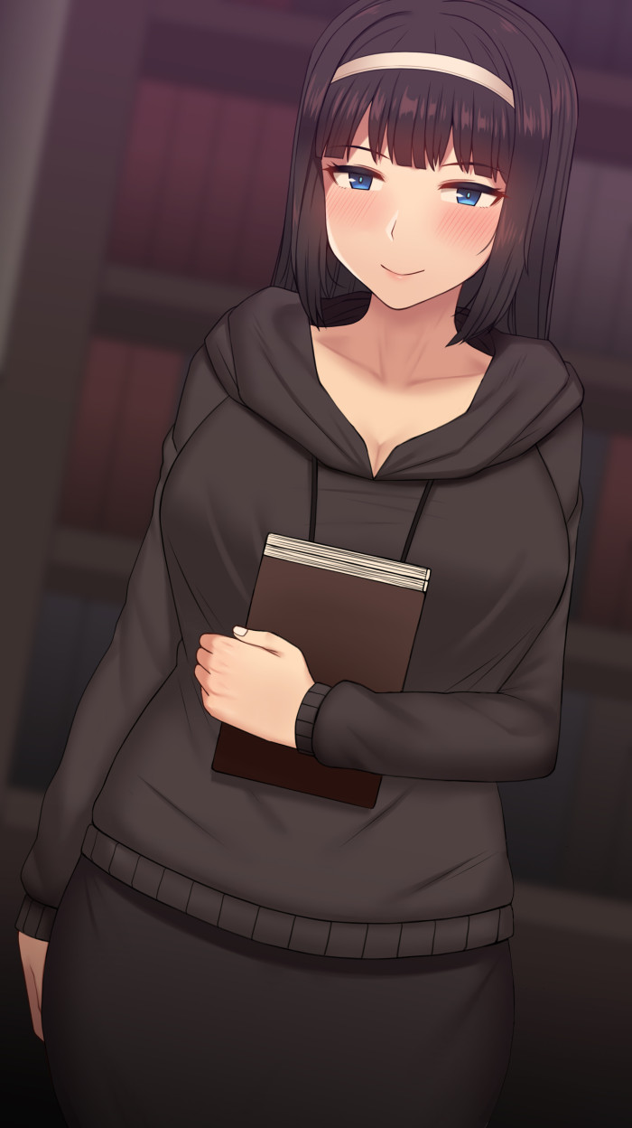 1girl arm_at_side bangs black_hair black_hoodie black_skirt blue_eyes blurry blurry_background blush book bookshelf breasts closed_mouth collarbone commentary_request depth_of_field eyebrows_visible_through_hair hairband highres holding holding_book hood hood_down hoodie indoors large_breasts long_sleeves looking_at_viewer nt00 original skirt smile solo standing white_hairband