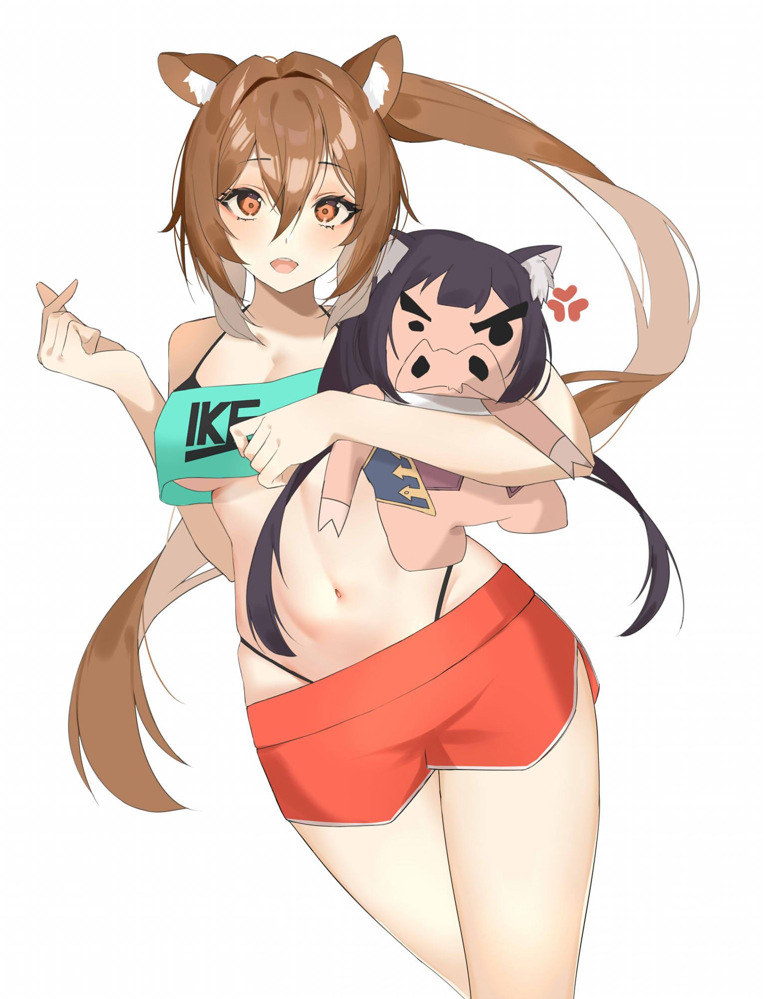 1girl :d animal_ears aqua_shirt bare_shoulders bikini bikini_under_clothes black_bikini breasts brown_hair character_doll commission cowboy_shot crop_top crop_top_overhang crying_eye doll_hug dolphin_shorts finger_heart halterneck hand_up highleg highleg_bikini highres karyl_(princess_connect!) long_hair looking_at_viewer medium_breasts midriff navel object_hug orange_eyes original ponytail princess_connect! red_shorts revealing_clothes shirt short_shorts shorts side_slit simple_background smile solo squirrel_ears stomach string_bikini swimsuit thighs under_boob very_long_hair white_background