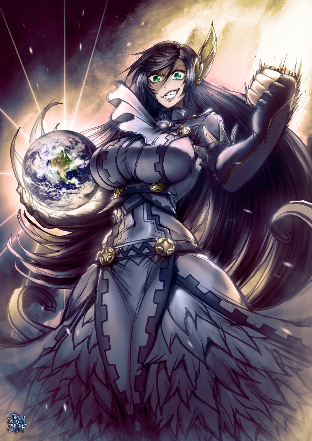 1girl black_hair breasts brunhilde_(shuumatsu_no_valkyrie) clenched_hand clenched_teeth cowboy_shot earth_(planet) feathers gesugao green_eyes highres holding_planet large_breasts legs_together long_hair planet shuumatsu_no_valkyrie space teeth the_golden_smurf valkyrie very_long_hair wings