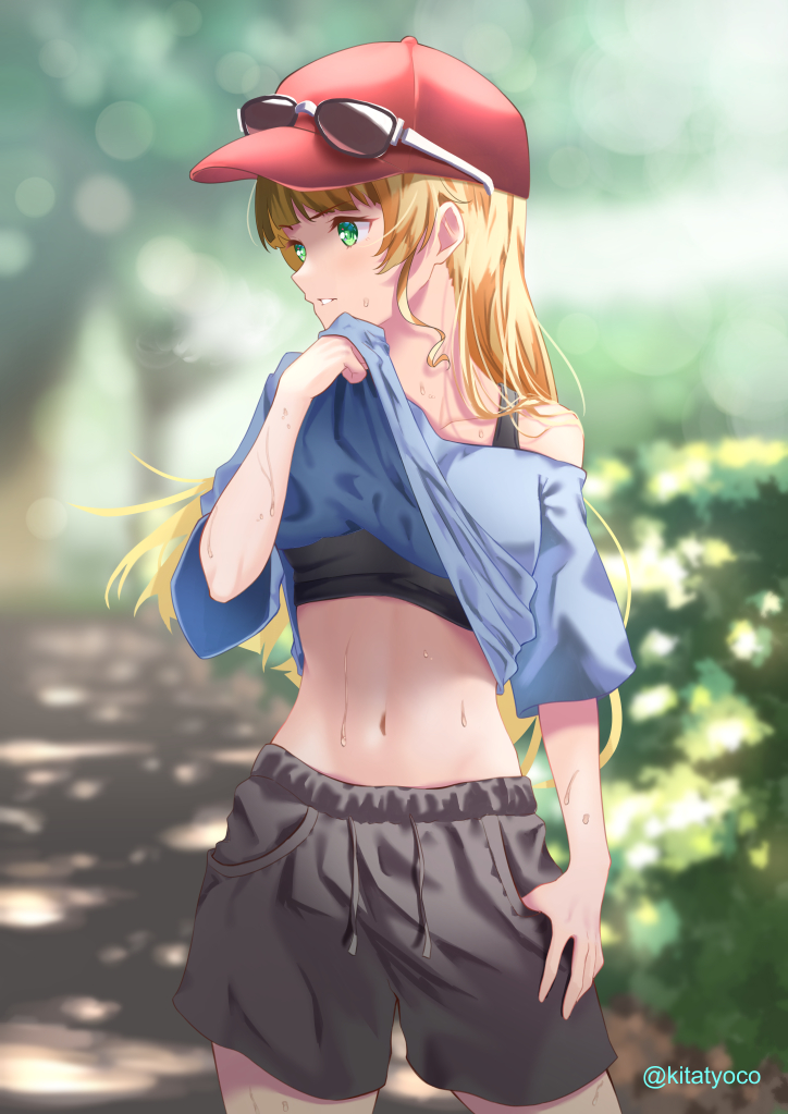 1girl baseball_cap black_tank_top blonde_hair blue_shirt blurry blurry_background clothes_lift crop_top eyewear_on_headwear green_eyes hat heanna_sumire kitatyoco lifted_by_self looking_to_the_side love_live! love_live!_superstar!! navel outdoors parted_lips shirt shirt_lift shorts solo stomach straight_hair sunglasses sweat tank_top