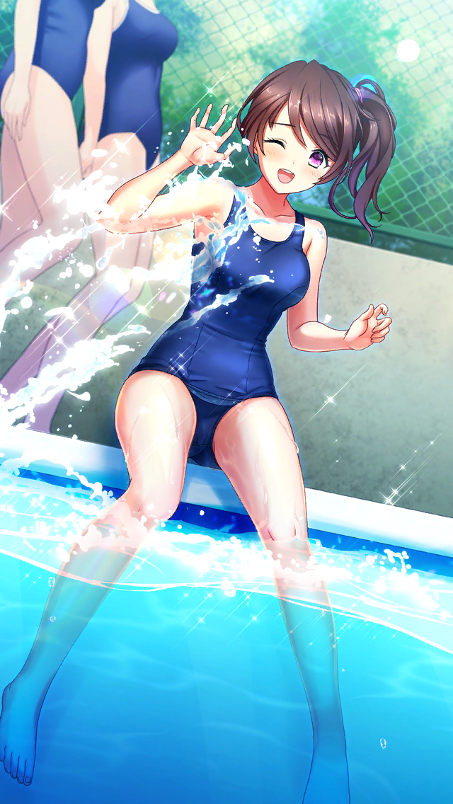 3girls ;d bare_legs barefoot blue_swimsuit breasts brown_hair collarbone day doukyuusei doukyuusei_another_world game_cg long_hair medium_breasts multiple_girls official_art one_eye_closed poolside satozaki_minatsu school_swimsuit shiny shiny_hair side_ponytail sitting smile soaking_feet solo_focus splashing swimsuit violet_eyes