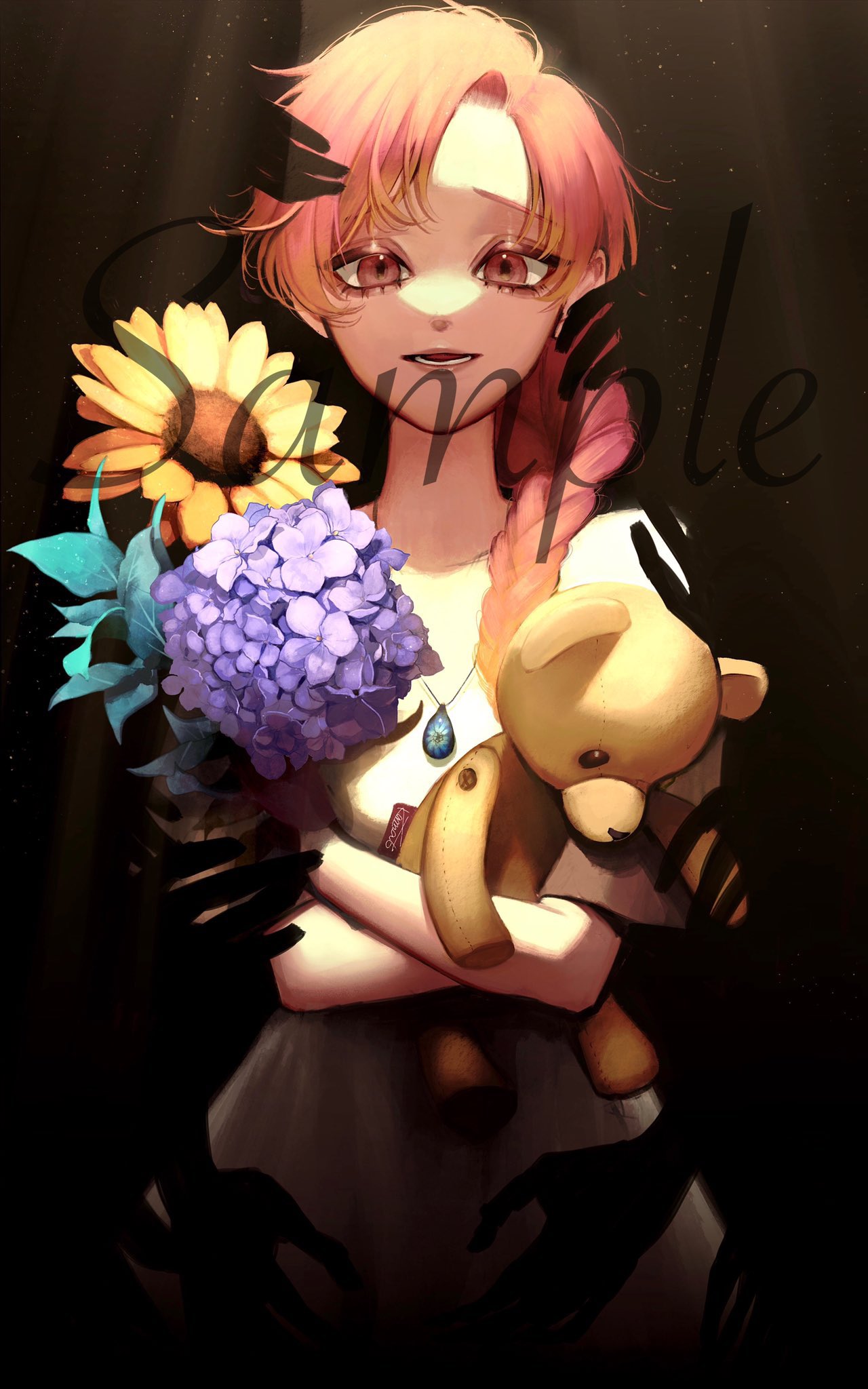 1girl artist_request black_background braid braided_ponytail brown_eyes brown_hair check_artist commentary_request flower highres holding holding_stuffed_toy hydrangea jewelry kamato_il long_hair looking_at_viewer necklace original parted_lips purple_flower smile solo stuffed_animal stuffed_toy sunflower teddy_bear upper_body yellow_flower