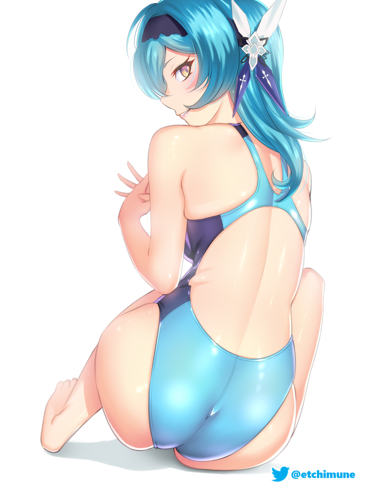 1girl ass back_cutout blue_hair blue_swimsuit clothing_cutout etchimune eula_(genshin_impact) feet from_behind genshin_impact hair_ornament hairband knee_up looking_at_viewer looking_back own_hands_together sitting skin_tight skindentation smile solo swimsuit yellow_eyes