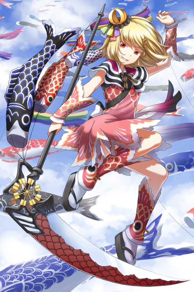 1girl animal_print arm_up bangs black_bow black_bowtie black_footwear blonde_hair blue_sky bow bowtie clouds commentary_request day detached_sleeves dress eyebrows_visible_through_hair fish_print flying frilled_hat frills full_body grin hat holding holding_scythe koinobori looking_at_viewer multicolored_clothes multicolored_headwear natsuya_(kuttuki) outdoors pink_dress red_eyes sailor_collar scale_print scythe short_hair sky smile solo tabi venus_blade white_legwear zouri