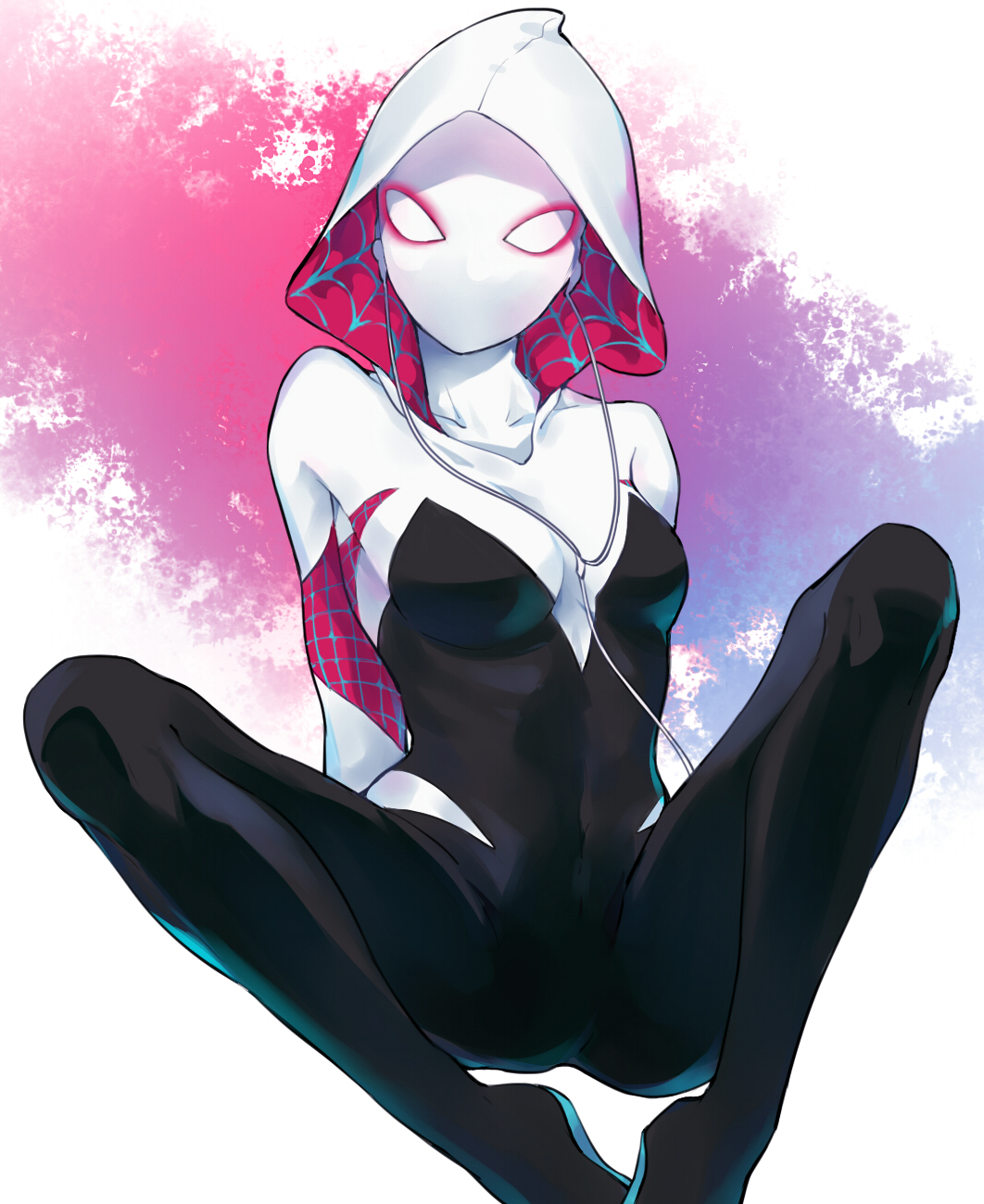 1girl a anchun_(quail0503) bodysuit breasts headphones highres hood looking_at_viewer marvel mask medium_breasts simple_background skin_tight solo spider-gwen spider-man_(series) spider_web_print superhero