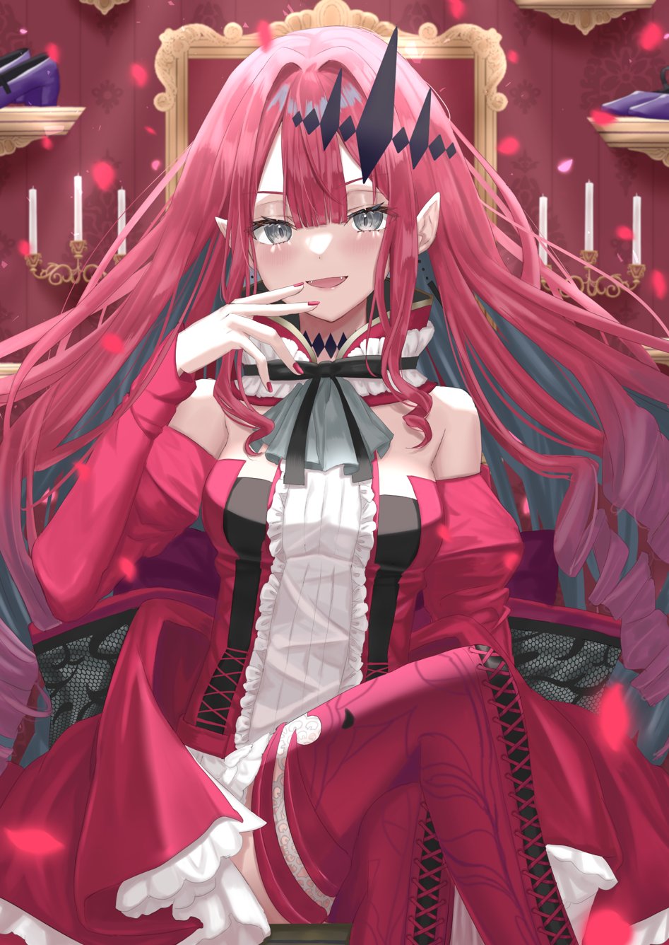 1girl ascot bangs bare_shoulders black_ribbon blush breasts candlestand center_frills commentary_request crossed_legs detached_collar detached_sleeves dress fairy_knight_tristan_(fate) fang fate/grand_order fate_(series) finger_to_mouth fingernails frilled_skirt frills grey_ascot grey_eyes hair_between_eyes hair_intakes hair_ornament highres indoors lips long_hair looking_at_viewer neck_ribbon open_mouth pale_skin petals pink_lips pointy_ears red_dress red_legwear red_nails red_sleeves redhead ribbon sakurasakimasu4 shoes shoes_removed sidelocks sitting skirt small_breasts smile solo strapless strapless_dress thigh-highs tiara tongue
