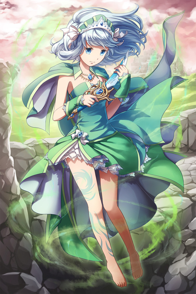 1girl aura bangs barefoot blue_eyes bow breasts castle closed_mouth clouds commentary_request dagger dress dress_bow eyebrows_visible_through_hair full_body green_dress green_hairband hair_bow hairband holding holding_dagger holding_weapon jewelry knife leg_tattoo light_blue_hair long_hair looking_at_viewer medium_breasts natsuya_(kuttuki) necklace pink_sky rock solo strapless strapless_dress tattoo venus_blade weapon white_bow wrist_cuffs