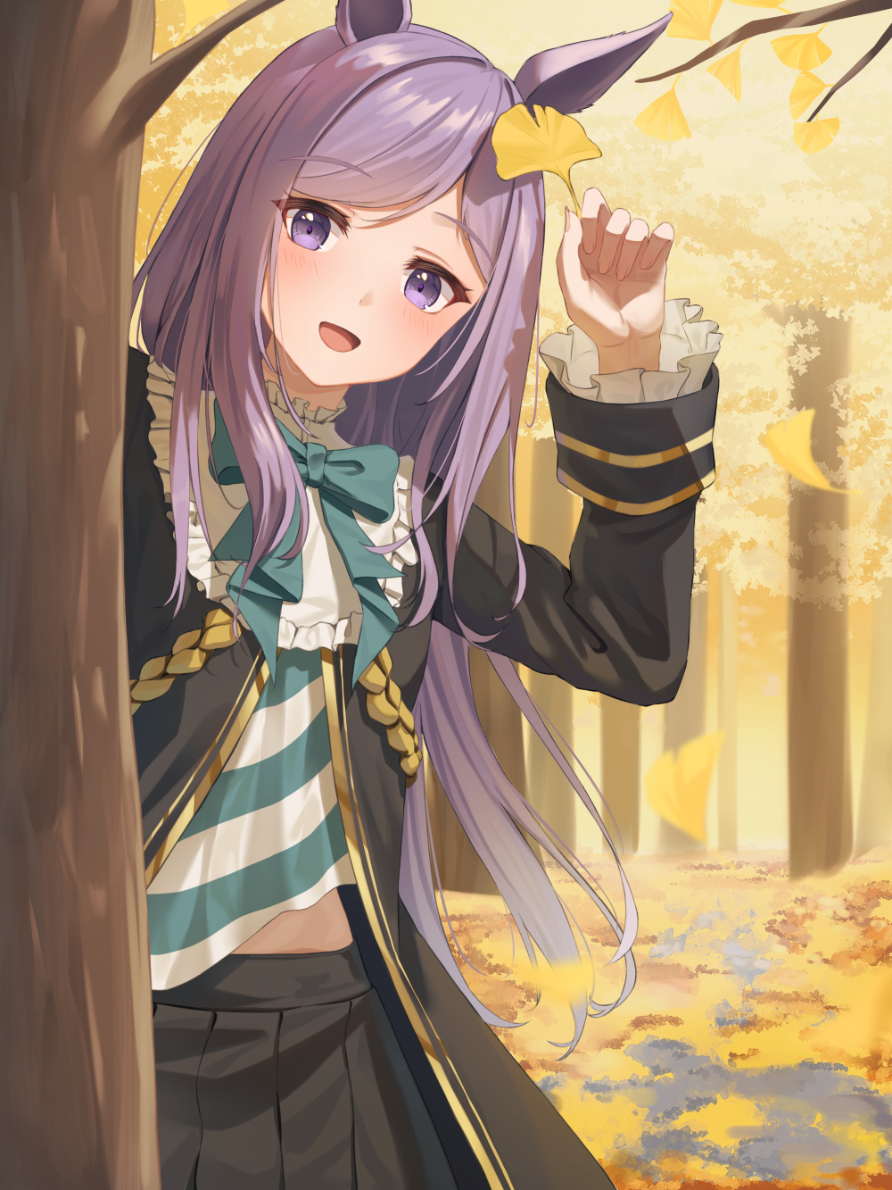 1girl :d animal_ears autumn autumn_leaves bangs black_skirt blush bow bowtie cowboy_shot eyebrows_visible_through_hair frills ginkgo ginkgo_leaf green_bow green_bowtie highres holding holding_leaf horse_ears horse_girl leaf leaves_in_wind long_hair long_sleeves looking_at_viewer mejiro_mcqueen_(umamusume) midriff_peek open_mouth outdoors pleated_skirt purple_hair shands shirt skirt smile solo standing swept_bangs tree umamusume under_tree violet_eyes