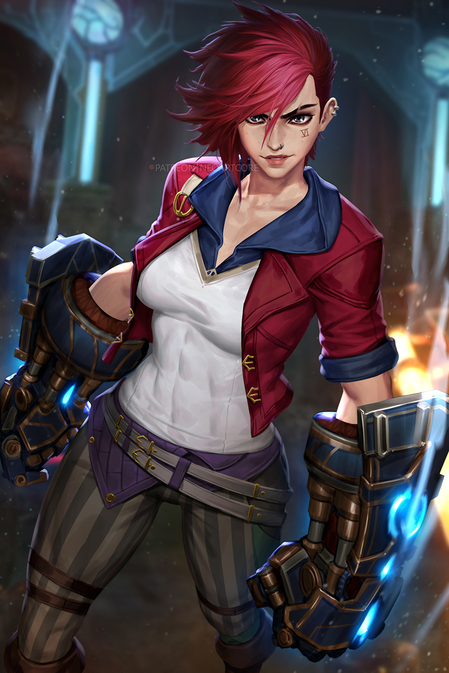 1girl abs arcane:_league_of_legends belt blurry blurry_background covered_abs covered_navel earrings eyebrow_cut facial_tattoo freckles gauntlets highres hood hood_down horizontal_stripes jacket jewelry league_of_legends looking_at_viewer loose_belt neoartcore nose_piercing pants parted_lips piercing red_jacket redhead scar scar_on_face scar_on_mouth short_hair sidecut smile solo striped striped_pants tattoo tomboy vi_(league_of_legends)