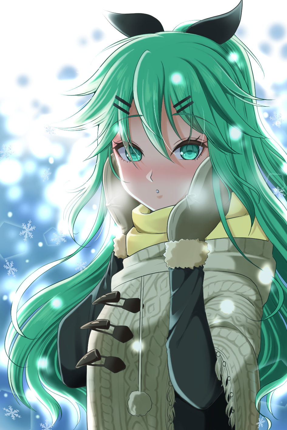 1girl alternate_costume bangs beige_coat black_ribbon coat commentary_request green_eyes green_hair hair_between_eyes hair_ornament hairclip hand_on_own_face highres kantai_collection long_hair mittens parted_bangs ponytail remodel_(kantai_collection) ribbon sidelocks snow snowflakes solo upper_body yamakaze_(kancolle) yomogi_dango