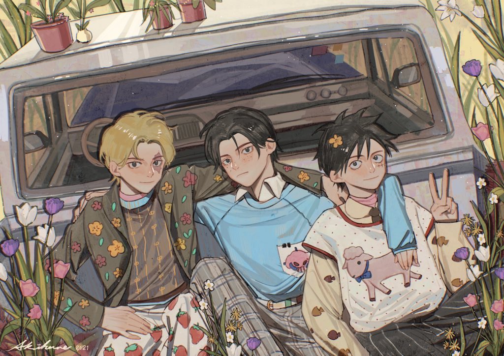 3boys akihare arm_over_shoulder black_hair blonde_hair brothers freckles jacket layered_sleeves long_sleeves monkey_d._luffy multiple_boys one_piece outdoors plant portgas_d._ace sabo_(one_piece) scar scar_on_face short_hair short_over_long_sleeves short_sleeves siblings smile v