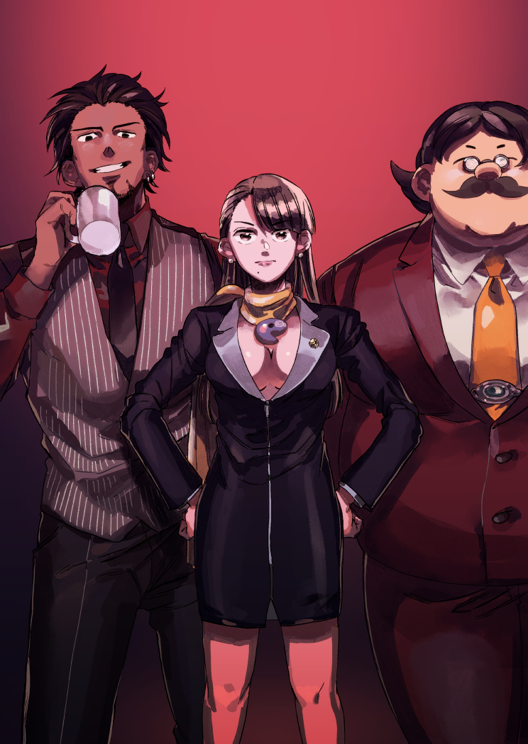 ace_attorney black_hair brown_eyes brown_hair cup diego_armando emergency_exi10 facial_hair glasses grin hair_slicked_back hands_on_hips holding holding_cup marvin_grossberg mia_fey mustache necktie red_background smile vest