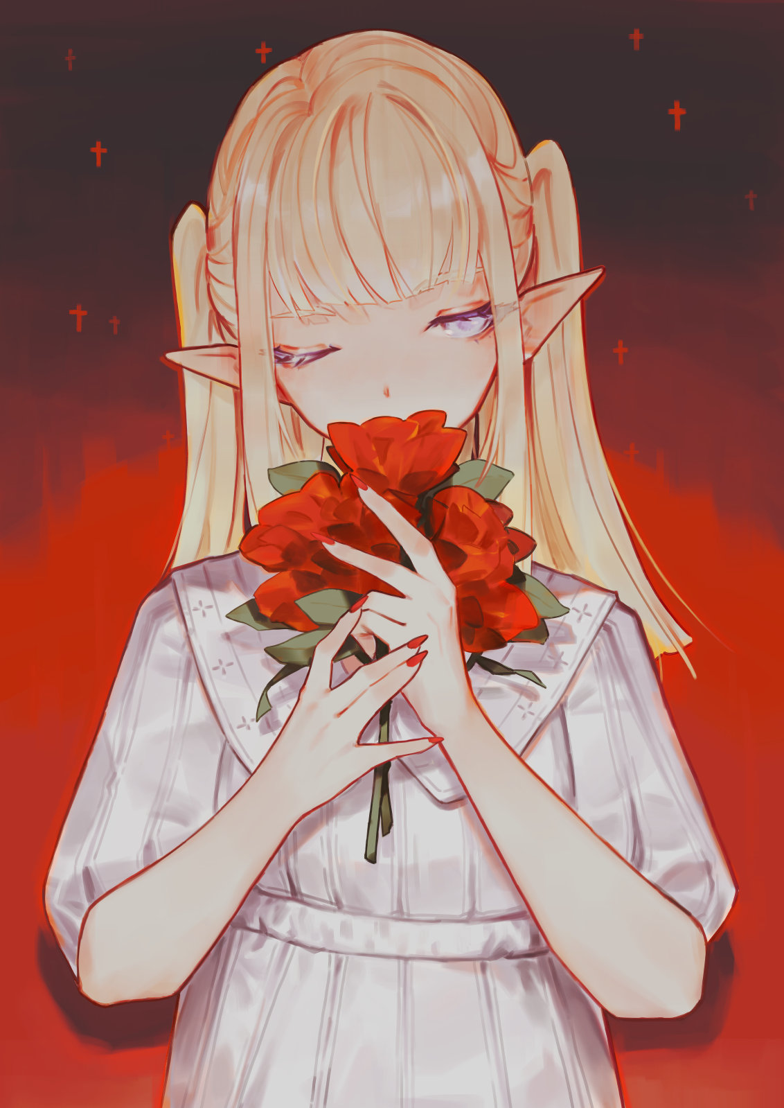 1girl amelia_(mahou_arms) blonde_hair blue_eyes dress eyebrows_visible_through_hair eyeshadow flower hair_behind_ear head_tilt highres holding holding_flower long_hair looking_at_viewer mahou_arms makeup making-of_available one_eye_closed pointy_ears red_background red_eyeshadow red_flower red_nails softmode solo two_side_up white_dress
