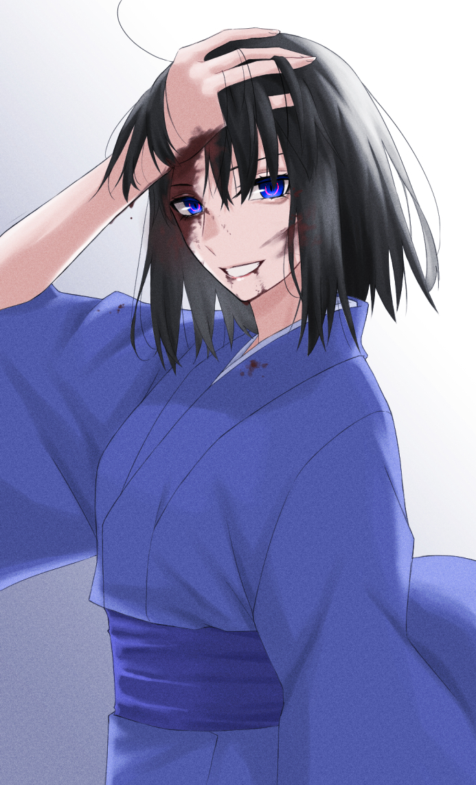 1girl black_hair blood blood_from_mouth blood_on_clothes blood_on_face blue_eyes colored_eyelashes egomeshi fate/grand_order fate_(series) grey_background japanese_clothes kara_no_kyoukai kimono looking_at_viewer mystic_eyes_of_death_perception obi ryougi_shiki sash short_hair smile solo