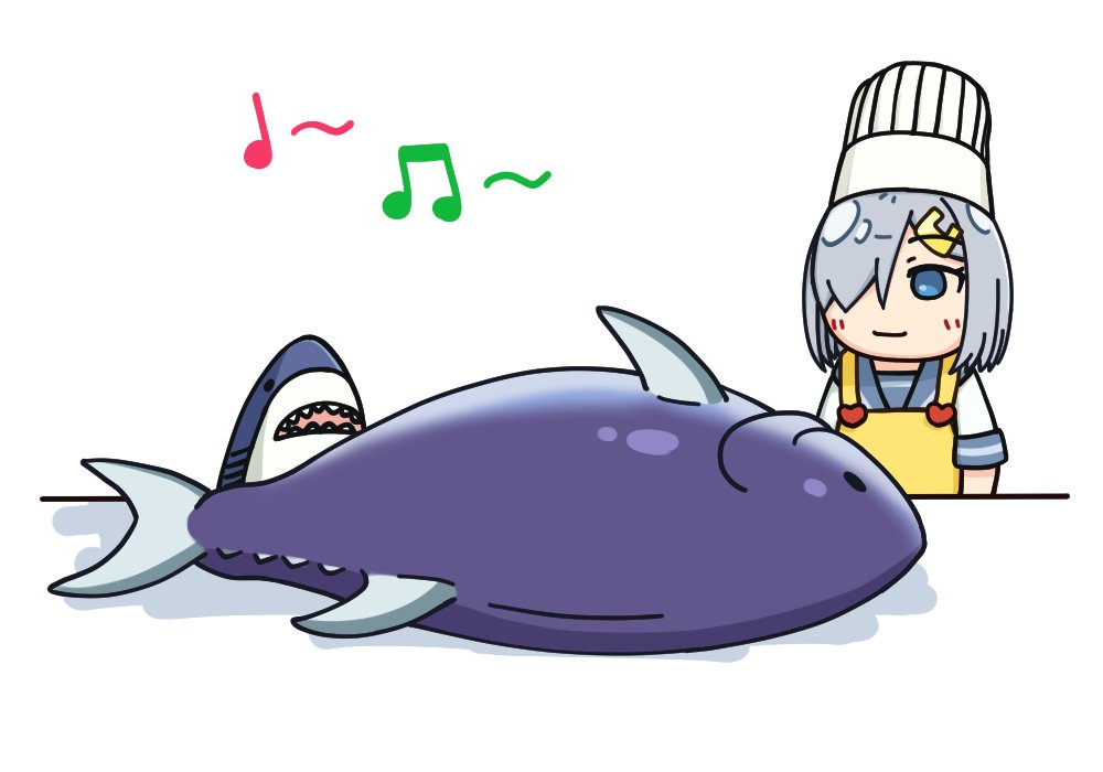 1girl beamed_eighth_notes blue_eyes chef_hat commentary_request fish grey_sailor_collar hair_ornament hair_over_one_eye hairclip hama!_(3toshinhmkz) hamakaze_(kancolle) hat kantai_collection musical_note no_nose quarter_note sailor_collar school_uniform serafuku short_hair silver_hair simple_background solo stuffed_animal stuffed_shark stuffed_toy toque_blanche tuna white_background