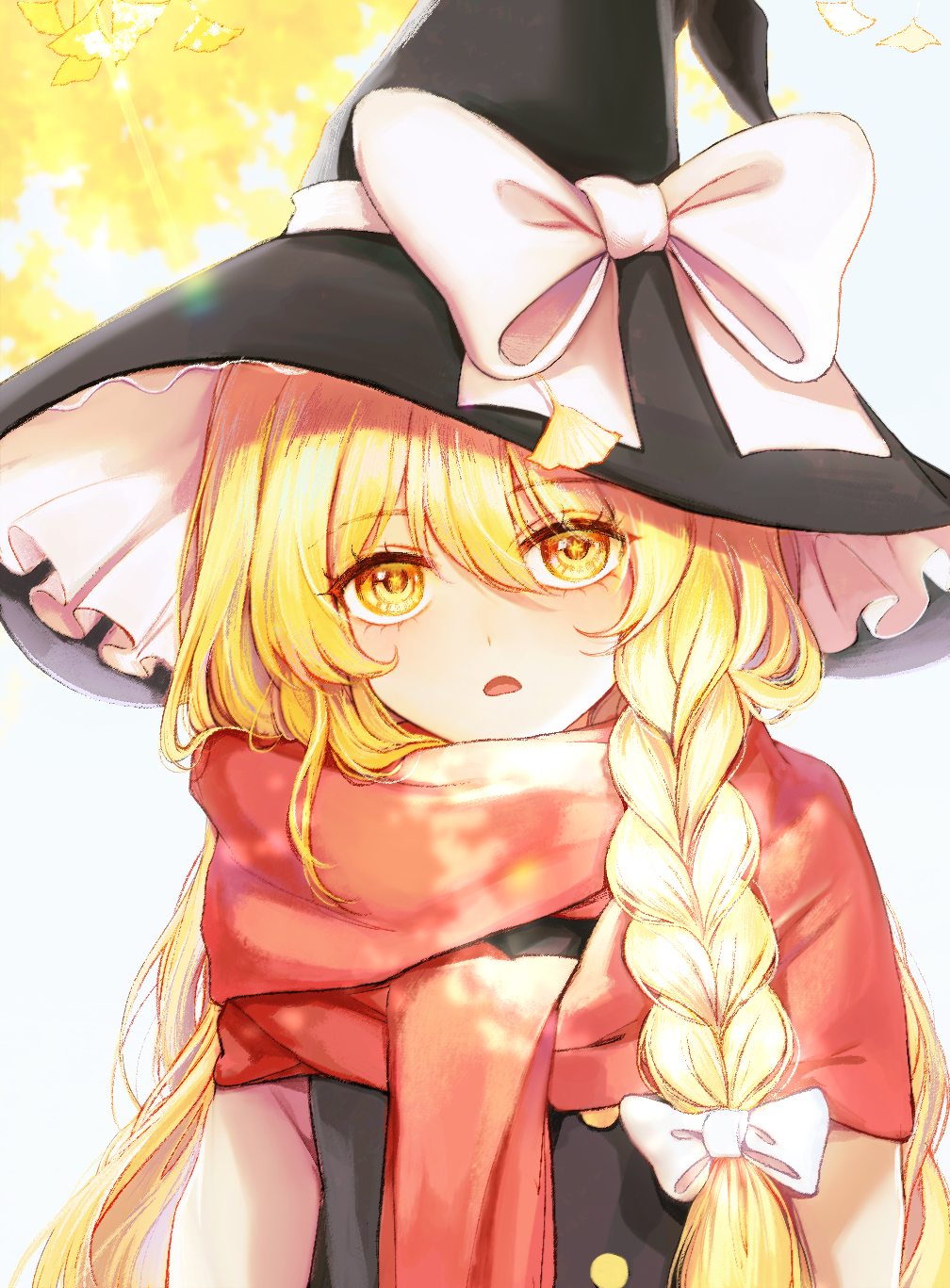 1girl autumn_leaves bangs black_dress black_headwear blonde_hair bow braid buttons chinese_commentary dress eyebrows_visible_through_hair frills hair_between_eyes hair_bow hat hat_bow highres kirisame_marisa leaf light long_hair long_sleeves looking_away open_mouth puffy_long_sleeves puffy_sleeves red_scarf scarf shirt simple_background single_braid solo star_(symbol) star_in_eye sunlight symbol_in_eye touhou touhouproject16 upper_body white_background white_bow white_shirt witch_hat yellow_eyes