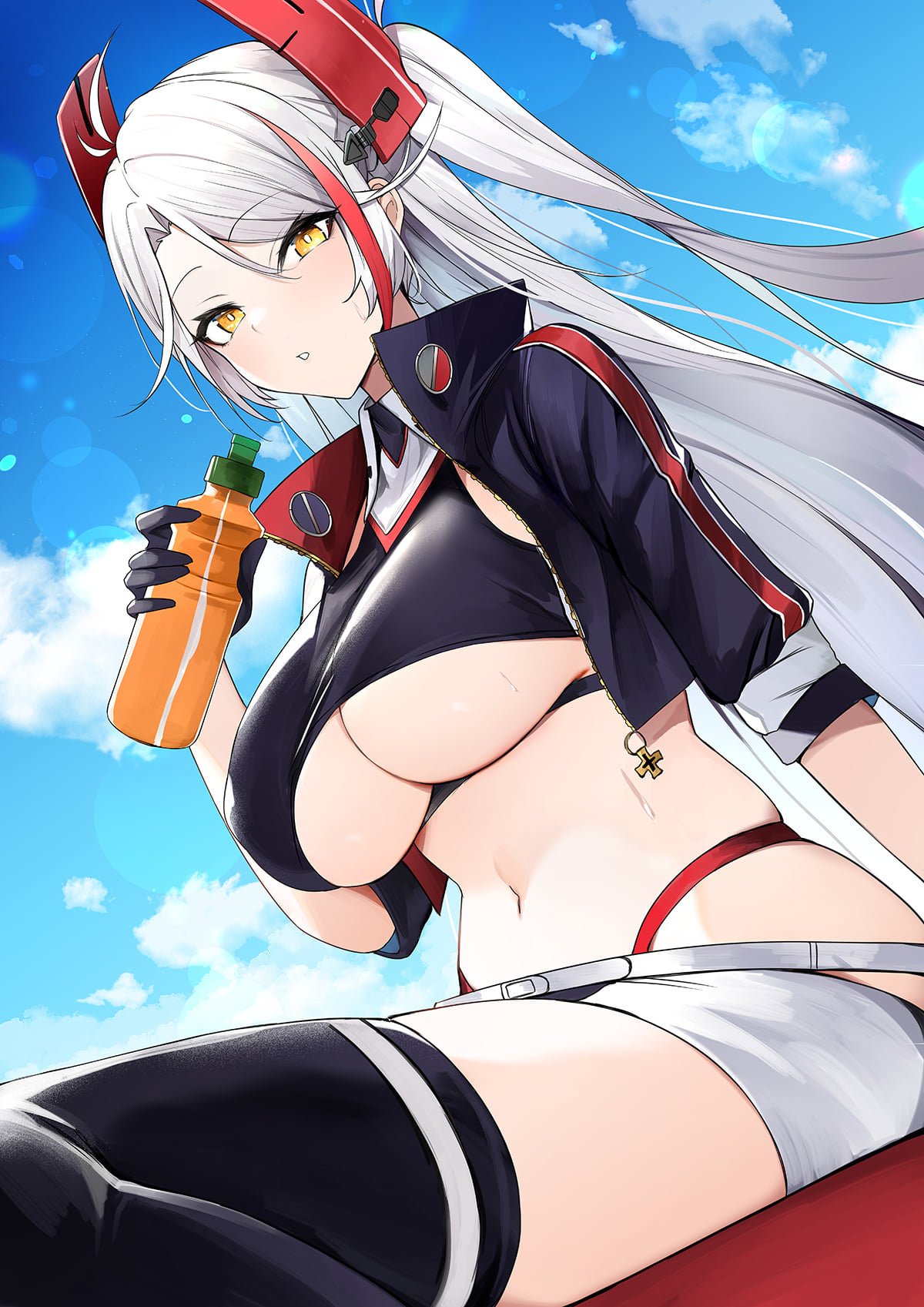 1girl antenna_hair azur_lane black_jacket black_legwear black_shirt bottle breasts collared_shirt crop_top cropped_jacket highleg highres holding jacket large_breasts long_hair looking_at_viewer luse_maonang midriff multicolored_hair navel open_clothes open_jacket parted_lips prinz_eugen_(azur_lane) prinz_eugen_(final_lap)_(azur_lane) racequeen revealing_clothes shirt short_shorts short_sleeves shorts sitting skindentation sleeveless sleeveless_shirt solo stomach streaked_hair sweat thigh-highs thighs two_side_up under_boob very_long_hair white_hair white_shorts yellow_eyes