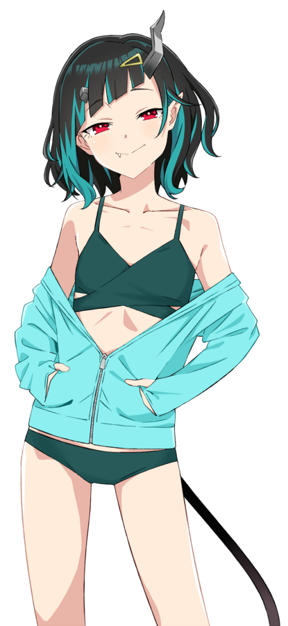 1girl akitetsu bangs bikini bikini_under_clothes black_hair blue_hair blue_jacket blush closed_mouth demon_girl demon_horns demon_tail eyebrows_visible_through_hair fang fang_out feet_out_of_frame flat_chest green_bikini hands_in_pockets horns jacket long_sleeves looking_at_viewer medium_hair multicolored_hair pointy_ears red_eyes shishio_chris simple_background smile solo sugar_lyric swimsuit tail transparent_background two-tone_hair unzipped virtual_youtuber
