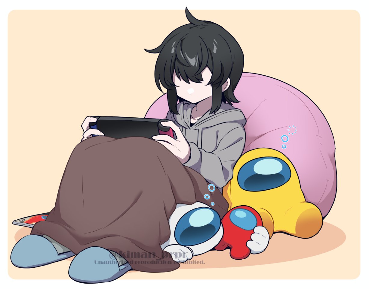 3others ambiguous_gender among_us black_hair blanket commentary_request controller crewmate_(among_us) disembodied_limb faceless game_controller grey_hoodie handheld_game_console holding holding_handheld_game_console hood hoodie kiman multiple_others nintendo_switch reclining short_hair sleep_bubble sleepy slippers space_helmet spacesuit stuffed_toy they_(kiman) twitter_username under_covers white_(among_us) yellow_(among_us)