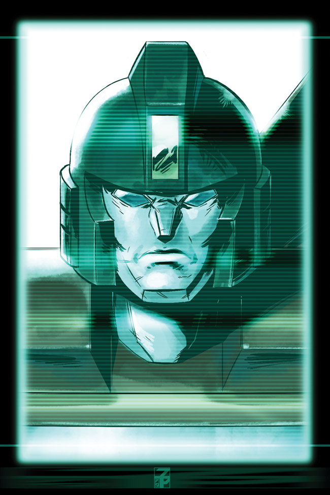 autobot blue_eyes codec_call dyemooch english_commentary looking_at_viewer mecha metal_gear_(series) metal_gear_solid parody perceptor portrait science_fiction scowl solo transformers