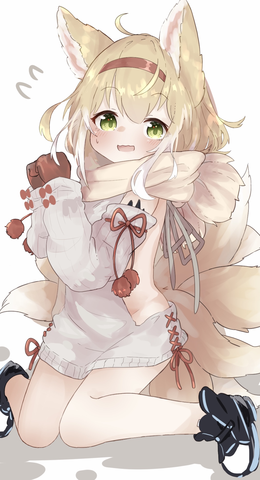 1girl :d ahoge animal_ear_fluff animal_ears arknights black_footwear blush boots brown_hair brown_scarf commentary_request detached_sleeves flying_sweatdrops fox_ears fox_girl fox_tail gloves green_eyes grey_sleeves grey_sweater hairband hands_up highres knees_together_feet_apart kyuubi lbwtnnvekvk5fft long_sleeves looking_at_viewer multiple_tails red_gloves red_hairband scarf sleeveless sleeveless_sweater sleeves_past_wrists smile solo suzuran_(arknights) sweater tail wavy_mouth white_background