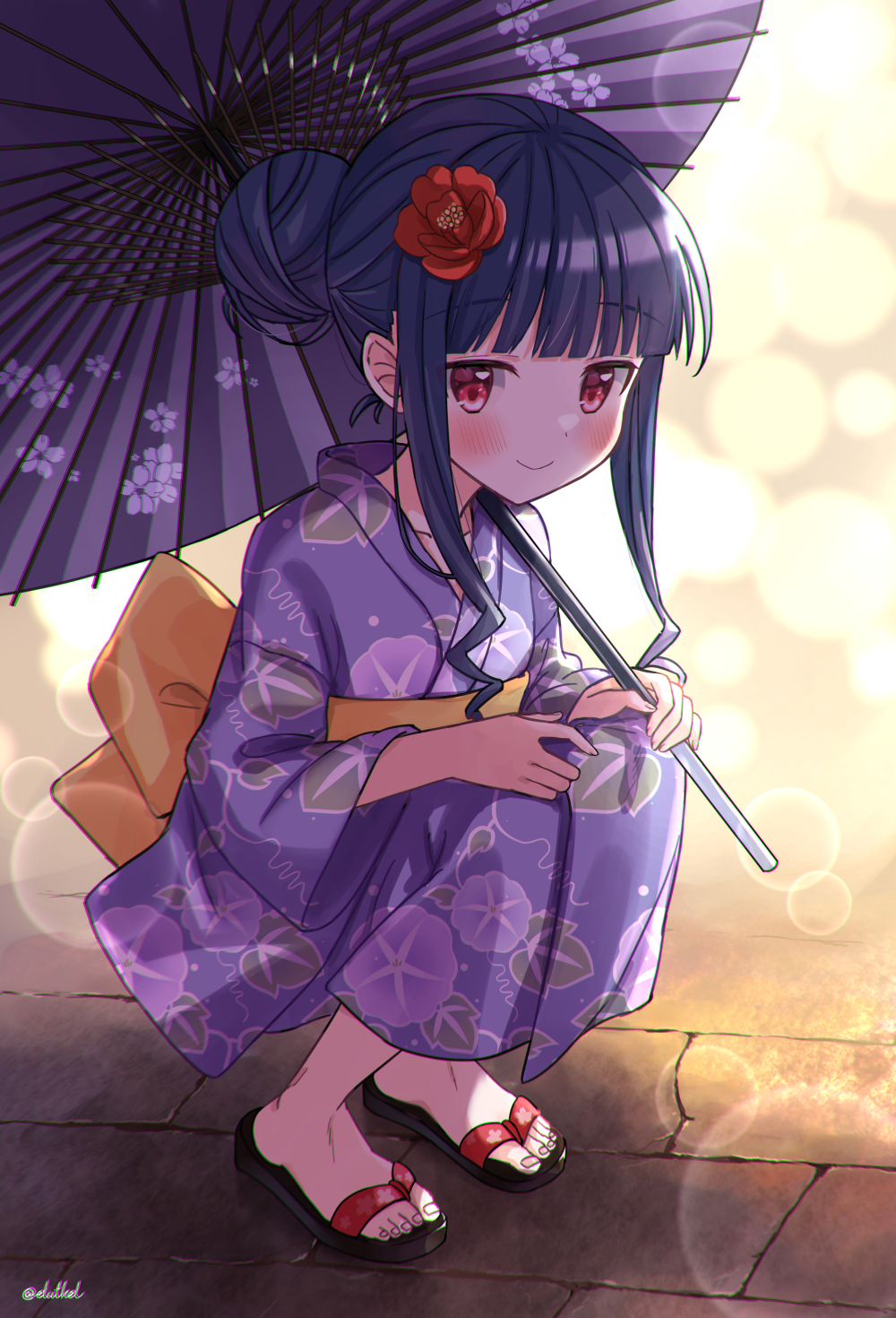 1girl bangs black_footwear black_hair blunt_bangs blush closed_mouth commentary_request eluthel eyebrows_visible_through_hair floral_print flower hair_bun hair_flower hair_ornament highres holding holding_umbrella idolmaster idolmaster_cinderella_girls japanese_clothes kimono long_hair long_sleeves looking_at_viewer obi oil-paper_umbrella print_kimono print_umbrella purple_kimono purple_umbrella red_eyes red_flower sajo_yukimi sash sidelocks smile solo squatting twitter_username umbrella wide_sleeves zouri