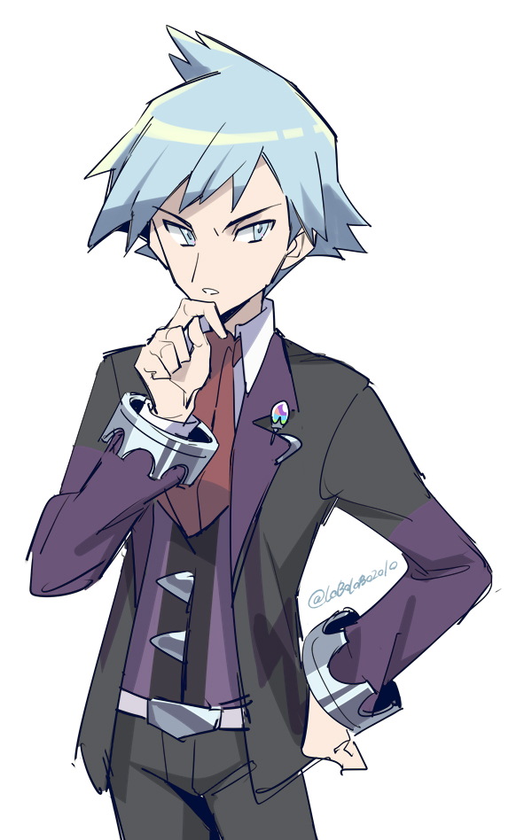 1boy belt belt_buckle black_jacket black_pants blue_hair buckle chin_stroking collared_shirt commentary_request cowboy_shot grey_background hand_on_hip hand_up jacket long_sleeves male_focus momoji_(lobolobo2010) necktie open_clothes open_jacket pants parted_lips pokemon pokemon_(game) pokemon_oras red_necktie shirt short_hair simple_background solo spiky_hair steven_stone vest white_shirt