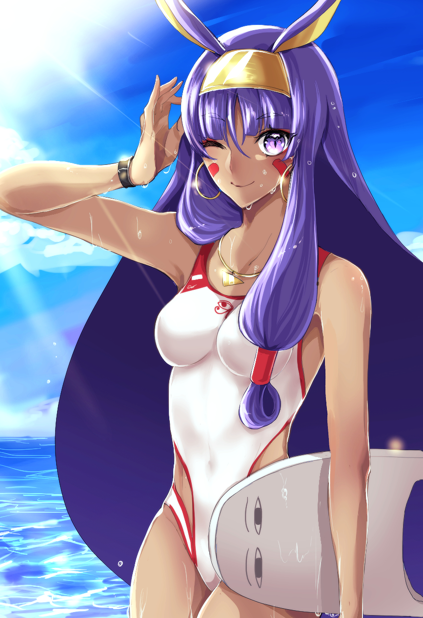 1girl animal_ears aruti blue_hair blue_sky breasts clip_studio_paint_(medium) clouds competition_swimsuit covered_navel cowboy_shot earrings facial_mark fate/grand_order fate_(series) groin highleg highleg_swimsuit highres hoop_earrings jackal_ears jewelry long_hair medium_breasts medjed_(fate) necklace nitocris_(fate) nitocris_(swimsuit_assassin)_(fate) ocean one-piece_swimsuit one_eye_closed sky solo swimsuit violet_eyes water waves wet