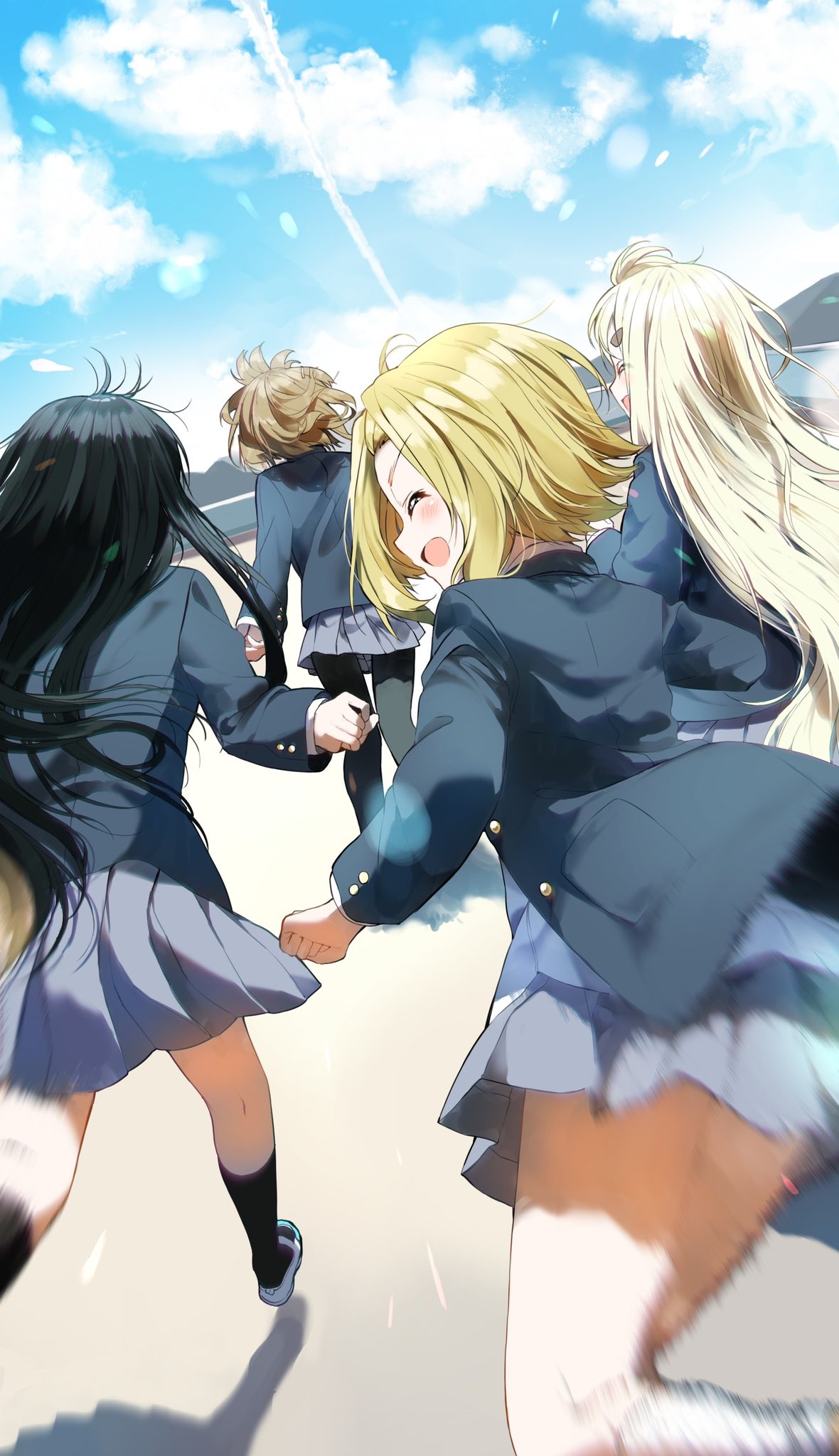 4girls :d ^_^ akiyama_mio black_hair black_legwear blonde_hair blue_sky brown_hair closed_eyes clouds commentary_request day facing_away highres hirasawa_yui jacket k-on! kotobuki_tsumugi long_hair long_sleeves motion_blur multiple_girls outdoors pantyhose pentagon_(railgun_ky1206) pleated_skirt running sakuragaoka_high_school_uniform school_uniform short_hair skirt sky smile tainaka_ritsu