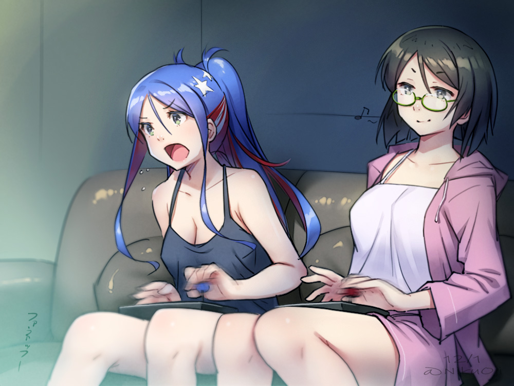 2girls alternate_costume black_hair black_tank_top blue_hair breasts controller couch game_controller glasses green-framed_eyewear hood hood_down hoodie indoors kantai_collection kirishima_(kancolle) long_hair long_sleeves medium_breasts multicolored_hair multiple_girls musical_note nikuoji open_clothes open_hoodie pink_hoodie redhead short_hair sitting south_dakota_(kancolle) spoken_musical_note star_(symbol) tank_top white_hair